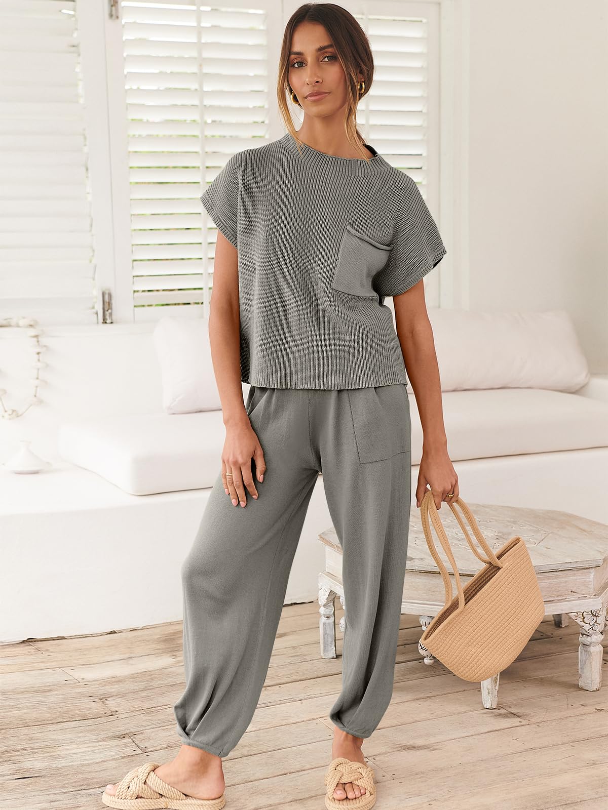 ANRABESS Women's Two Piece Outfits Knit Sweater Pullover Crop Top & Pants Lounge Matching Tracksuit Sweatsuit Sets 2024 Trendy Loungewear Clothes Grey X-Small