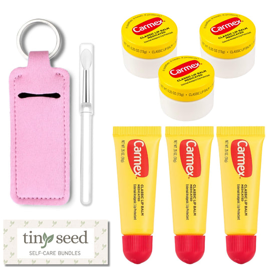 Set of 6 Medicated Lip Balms by Carmex: 3 Jars and 3 Tubes. Carmex Lip Balm Moisturizer, Trusted Relief for Dry, Chapped Lips. Bundled with Silicone Lip Brush and Lip Balm Holder Keychain (Pink)