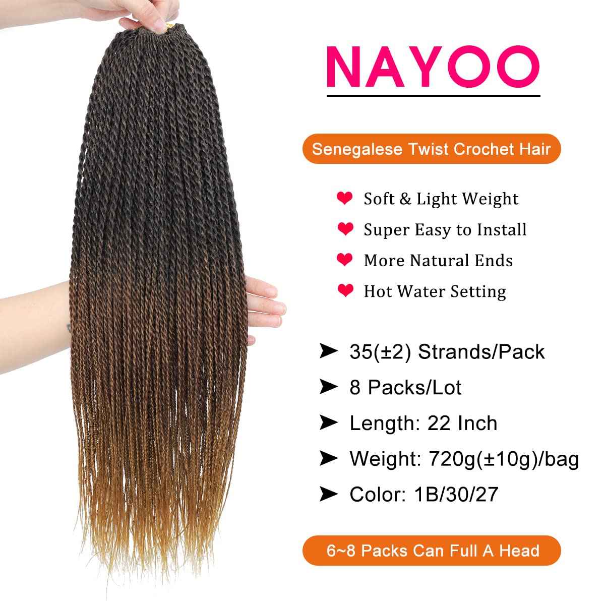 Ombre Crochet Hair Senegalese Twist 8 Packs Braids Crochet Hair, 35 Strands/Pack Small Crochet Twist Hot Water Setting, Pre-Lopped for Women (22 Inch, 1B/30/27)