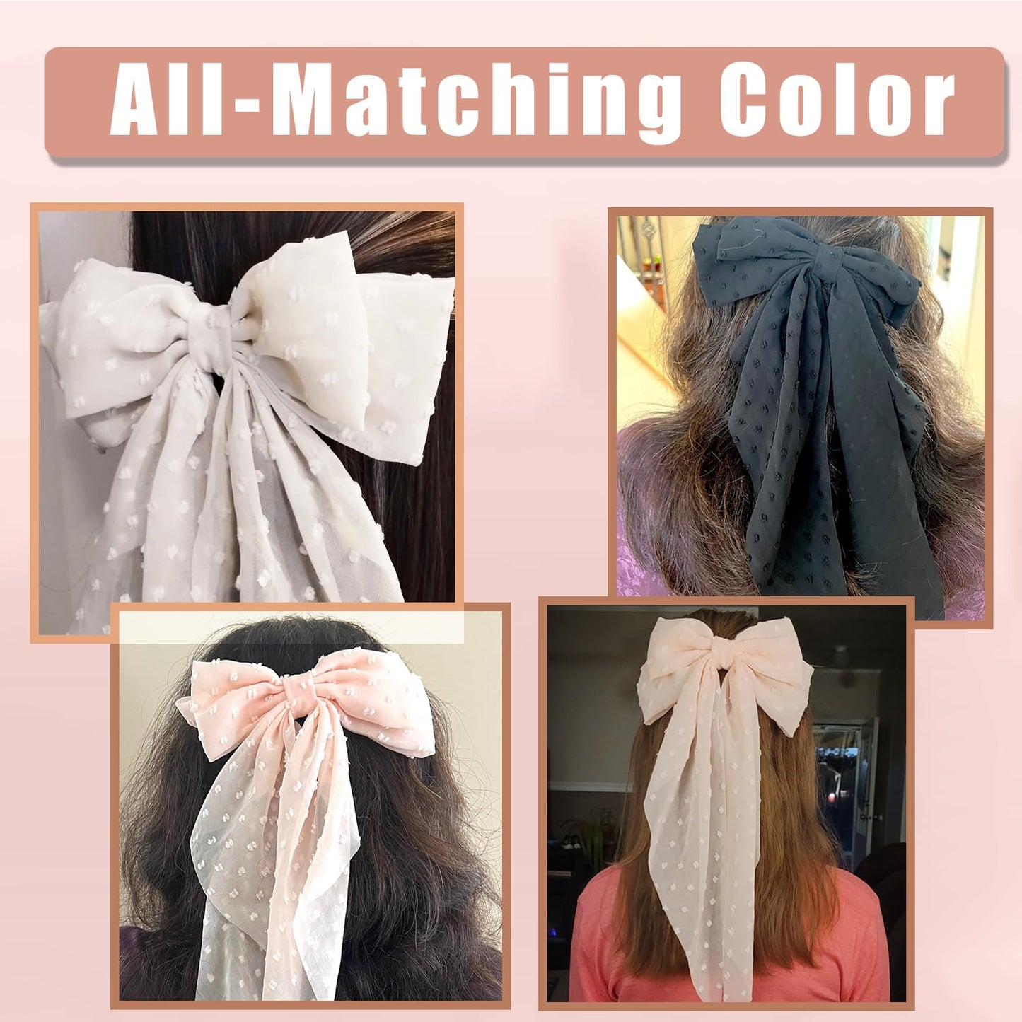 Seneeel Large Hair Bows 4 PCS - Cute Oversized Ribbon Bows for Women in Beige, Light Pink, White, Black - Hair Barrettes for Different Occasions