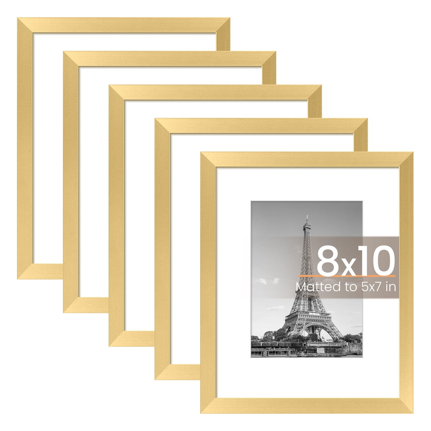 upsimples 8x10 Picture Frame Set of 5, Display Pictures 5x7 with Mat or 8x10 Without Mat, Wall Gallery Photo Frames, Gold