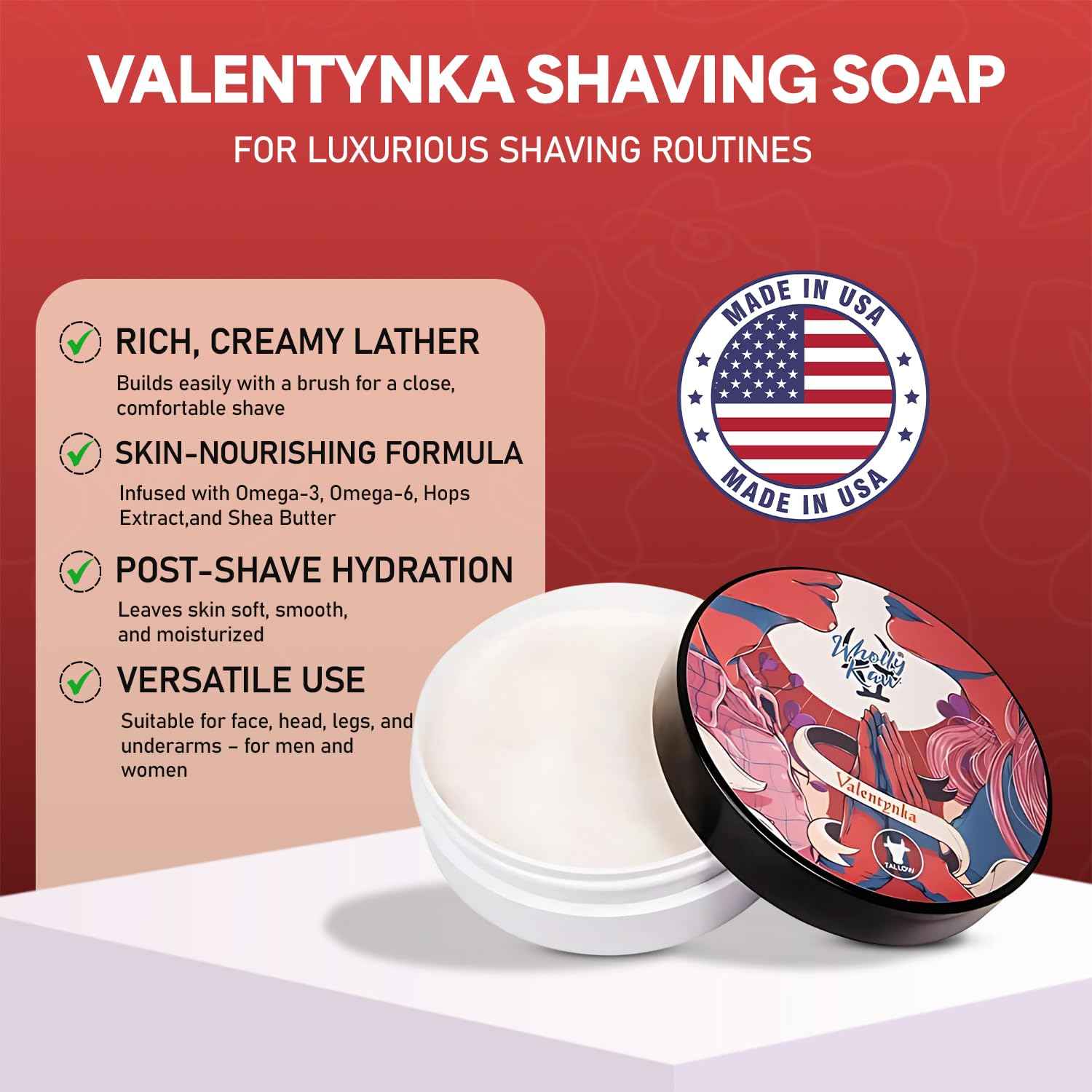 Valentynka Tallow Shaving Soap. Enriched with Donkey Milk, Water Buffalo Milk, Whey Proteins, Omega 3, Omega 6, Hops Extract. Canadian Fir, Leather, Orange, Jasmine, Sugar, Amber, Saffron, Cedarwood
