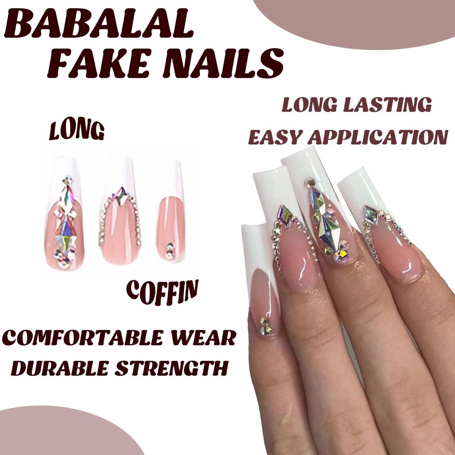 BABALAL Coffin Press on Nails Long Fake Nails White French Tip Glue on Nails Ballerina Rhinestone Acrylic Nails 24Pcs Long Bling Luxury Nails for Women and Girls