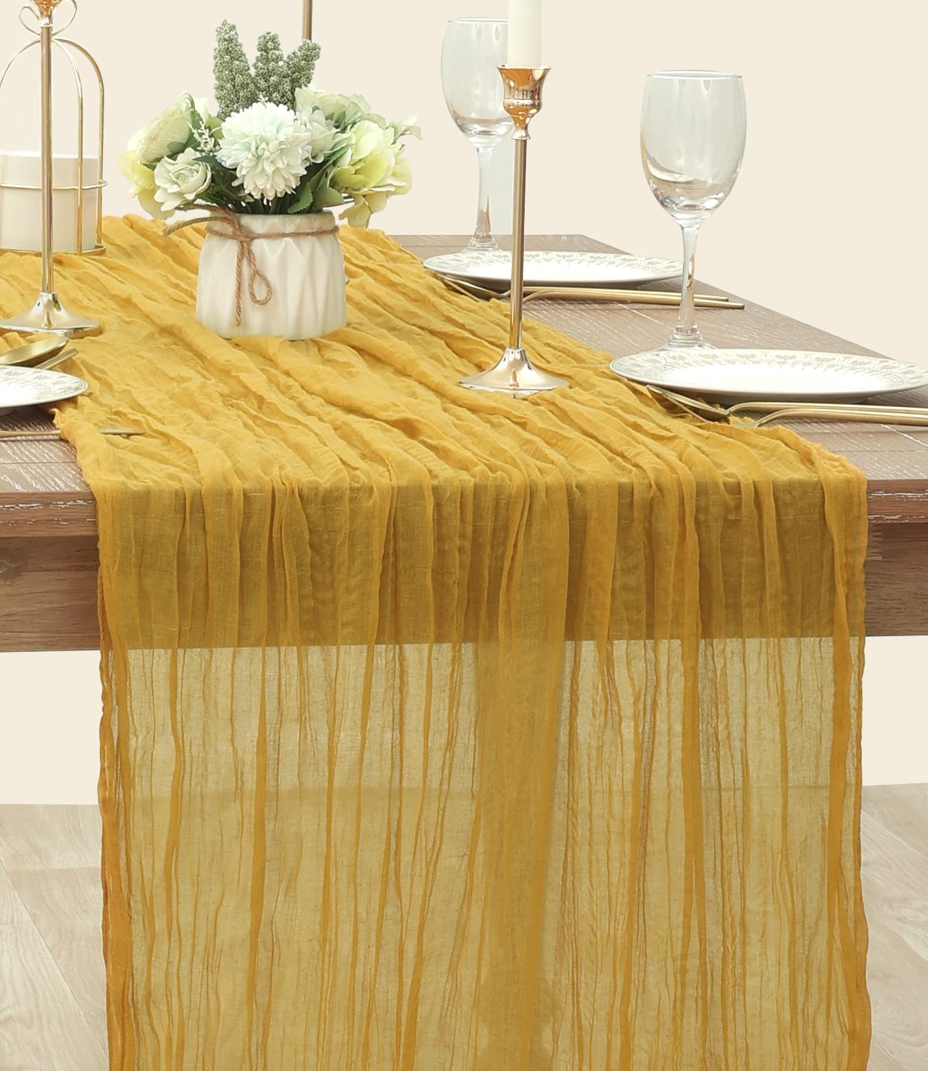 Socomi Cheesecloth Table Runner 10ft Gauze Boho Rustic Gold Cheese Cloth Table Runner for Wedding Bridal Shower Fall Thanskgiving Decoration