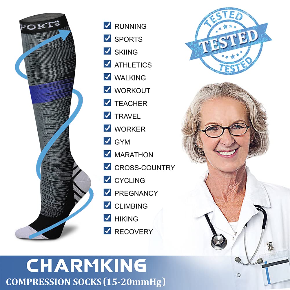 CHARMKING Compression Socks for Women & Men Circulation (3 Pairs) 15-20 mmHg is Best Athletic for Running, Flight Travel, Support, Cycling, Pregnant - Boost Performance, Durability (S/M, Multi 24)