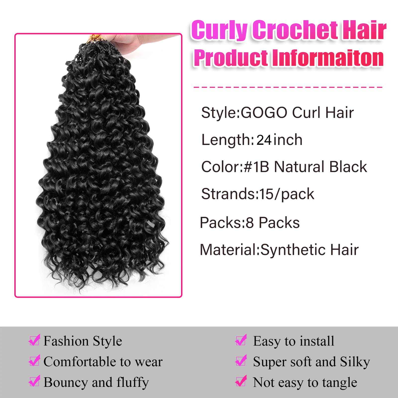 Gogo Curl Crochet Hair 8 Packs Ocean Wave Crochet Hair Pre Looped Long Deep Wave Hair Extension Synthetic Braiding Hair for Women Natural Black 24 Inch Color 1B