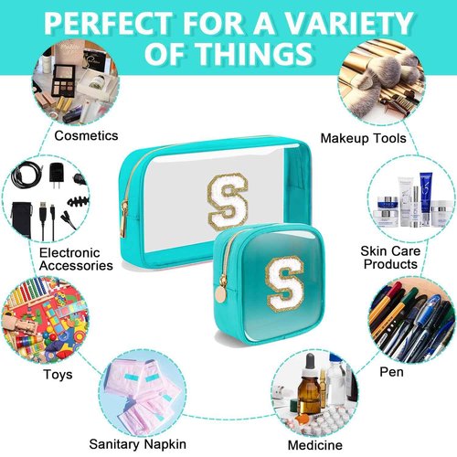 2pcs Personalized Initial Letter Clear Makeup Bag | Waterproof Nylon Preppy Cosmetic Bag | Travel Toiletry Bag | Monogrammed Gifts for Women Girl | Wedding Bridal Shower Gifts for Bridesmaids(Blue E)