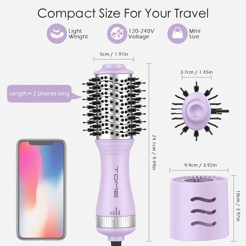 Travel Hair Dryer Brush, Dual Voltage Blow Dryer Brush, Mini Hot Air Portable 2 inch Travel Hair Dryer Styler Volumizer Oval Shape (Purple)