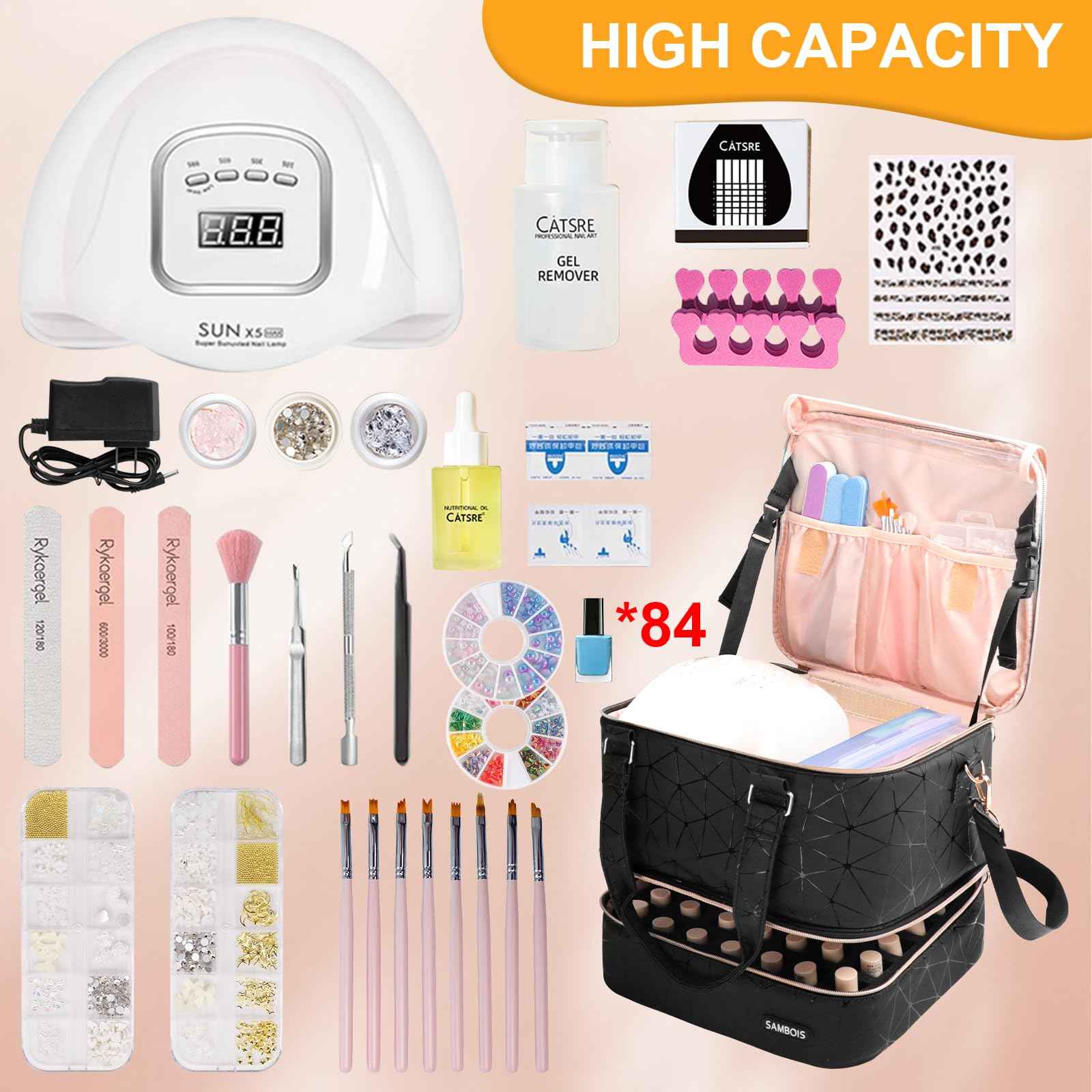Sambois Nail Polish Organizer Bag Holds 84 Bottles (15ml/0.5 fl.oz)& Nail Lamp, PU Leather Nail Supplies Organizer with Holder& Shoulder Strap, Portable Travel Nail Kit Storage Carrying Case (Black)