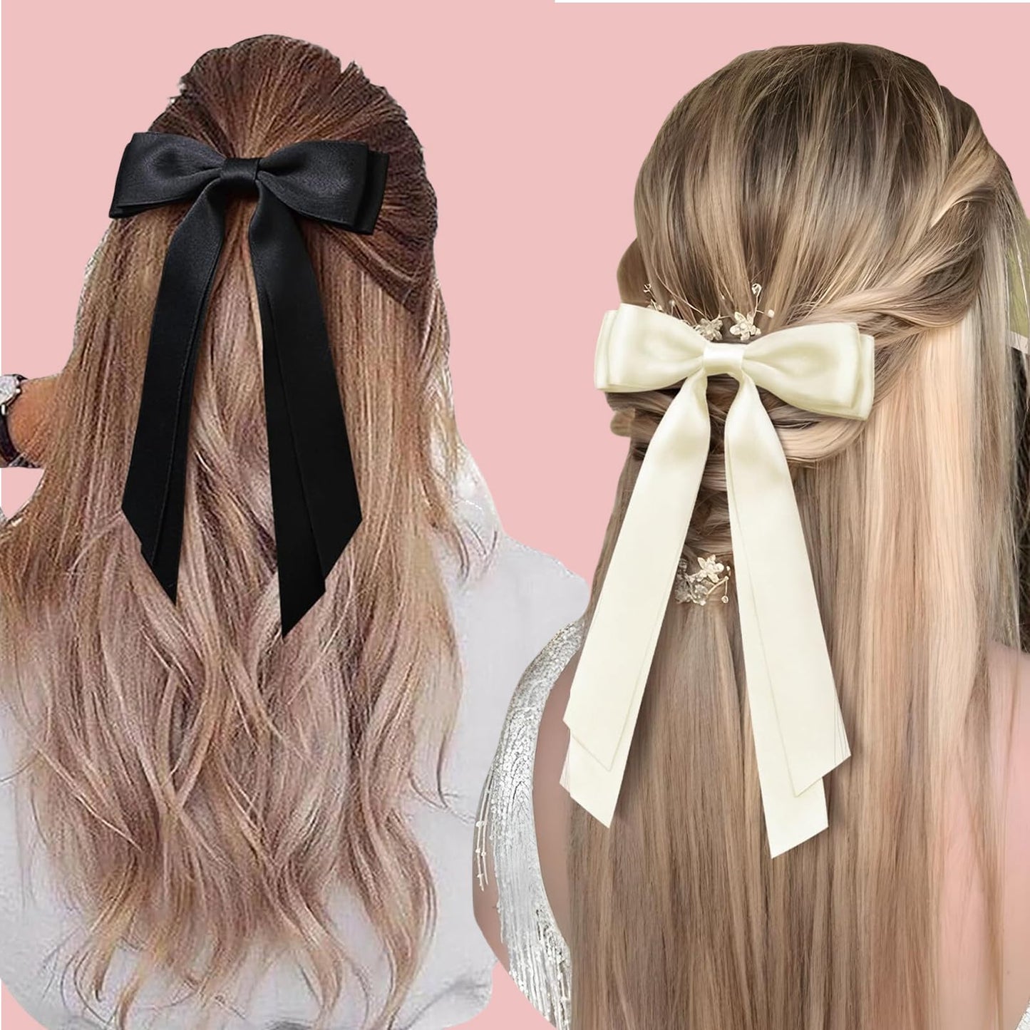 Hair Bow Clips 4 Pcs, Women Silky Satin Hair Bowknot Clips Hairclips Double Ribbon Tassel Ponytail Holder Accessories, Hair Bow Barrettes Clips for Girls Toddlers Teens Kids Gifts, Black+Beige