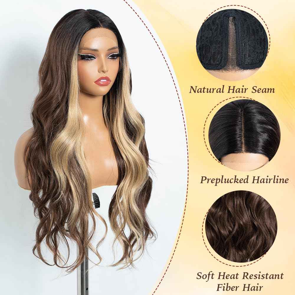 Rebecca Q Long Wavy Synthetic Lace Front Wig for Women 30 inches Middle Part Natural Hairline Heat Resistant Fiber Wigs for Daily Party (Blown Blonde)