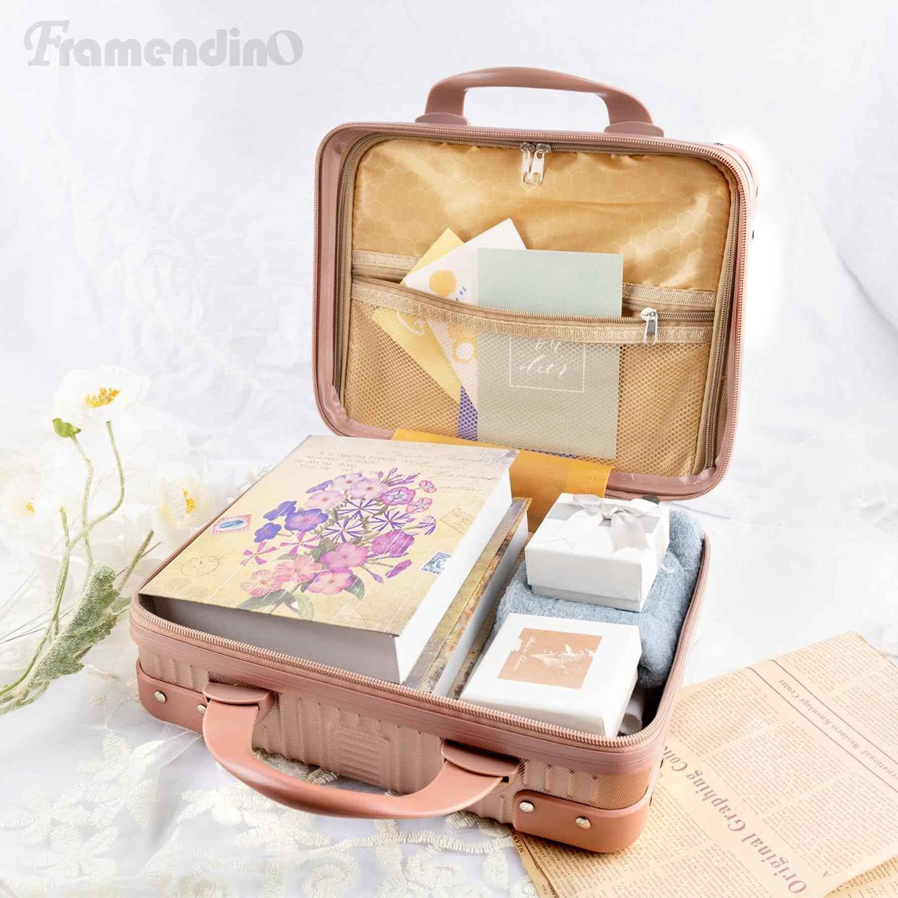 Framendino, Portable Hard Shell Cosmetic Suitcase Makeup Travel Case Rose Gold