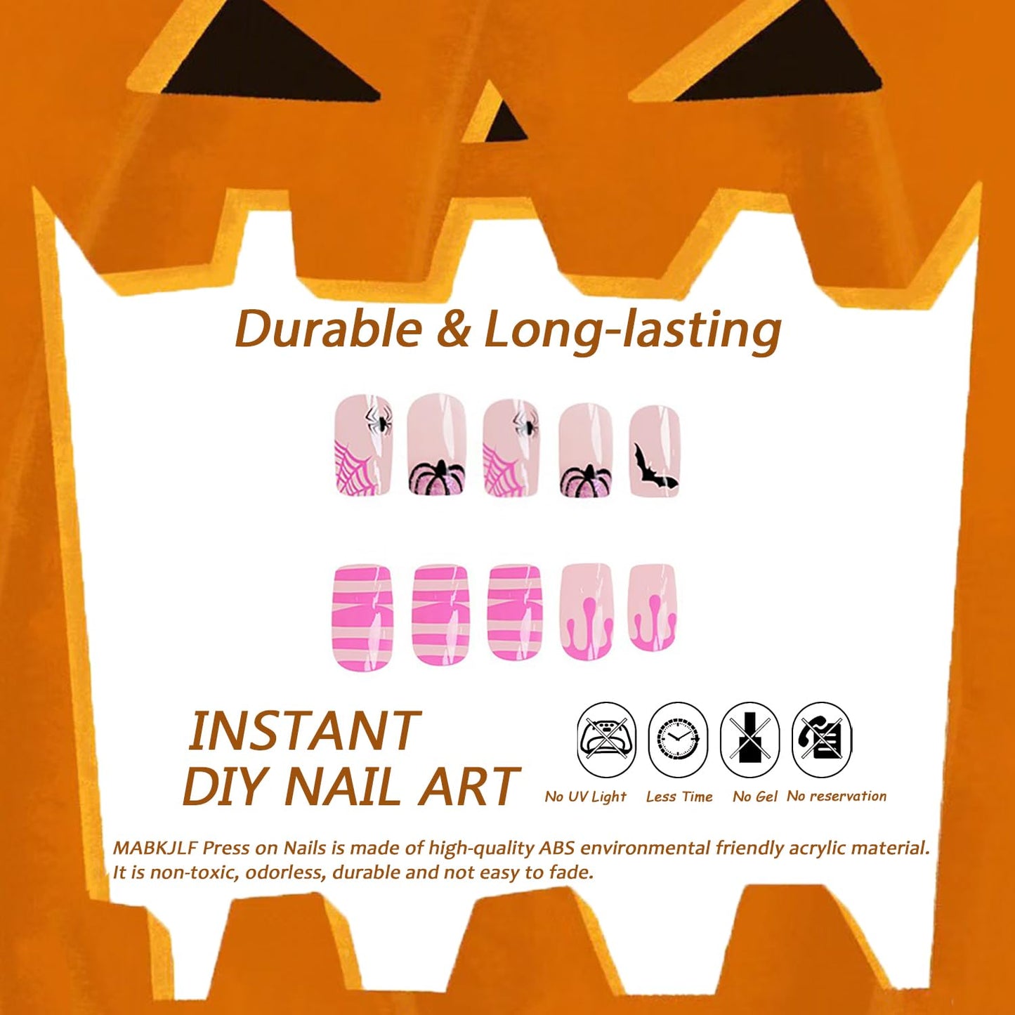 Halloween Press on Nails Short Square Pink Blood Spider Web False Nails with Glitter Pumpkin Bat Designs Full Cover Glossy Glue on Nails Cute Acrylic Nails Halloween Artificial Nails for Women Girls