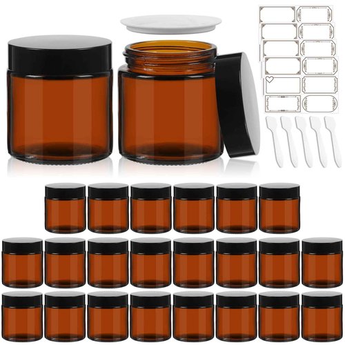 CAKKVDE 4 oz Amber Round Glass Jars with Black Lids 24 Pack- Portable Empty Glass Containers with Inner Liners for Cosmetic, Food Storage, Body Butters, Body Butter, Candle Jars