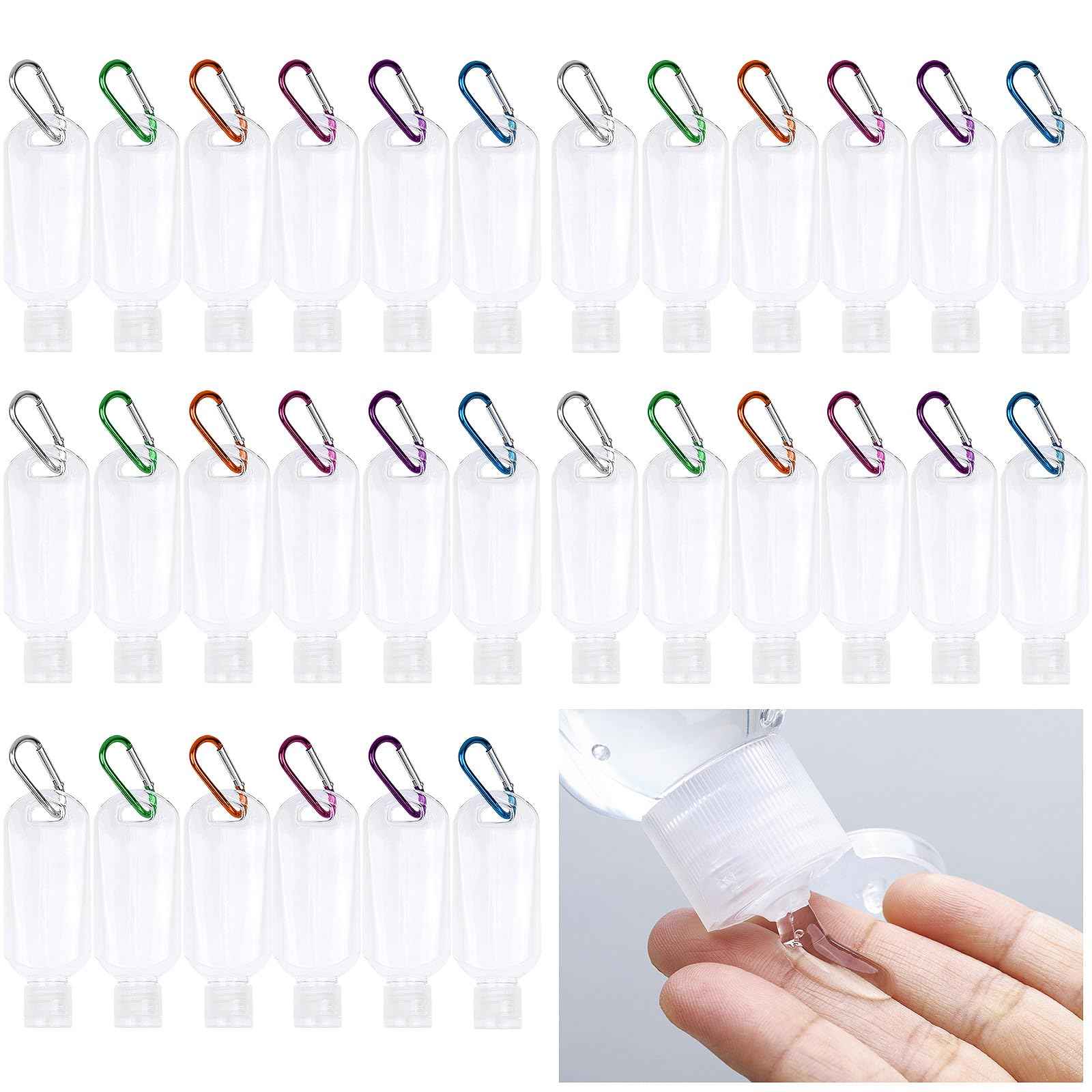 USSDVVCQ 30 Pcs Hand Sanitizer Keychain,1.7oz Refillable Travel Refillable Travel Bottles Containers,Portable Liquid Squeeze Containers for Toiletries(Bottle + Lid + Hook)