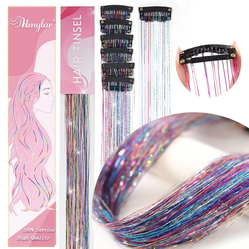 Hair Tinsel Pack of 12 Pcs Clip in Hair Tinsel 20 Inch Colorful Glitter Tinsel Hair Extensions Tinsel Fairy Hair Party Dazzle Hair Accessories Strands Kit for Women Girls Kids(12Pcs,Colorful#)