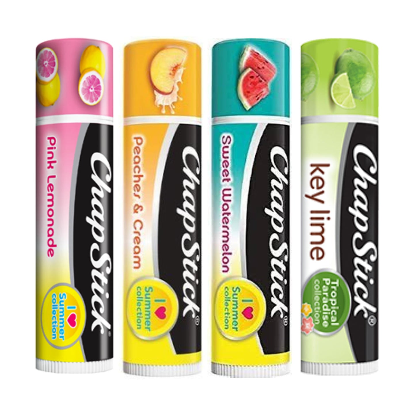 Set of 4 Chapsticks: Key Lime, Pink Lemonade, Peaches & Cream, Sweet Watermelon. Limited Edition by Chapstick I Love Summer & Tropical Paradise Collection. Includes Lip Balm Holder Keychain (White)