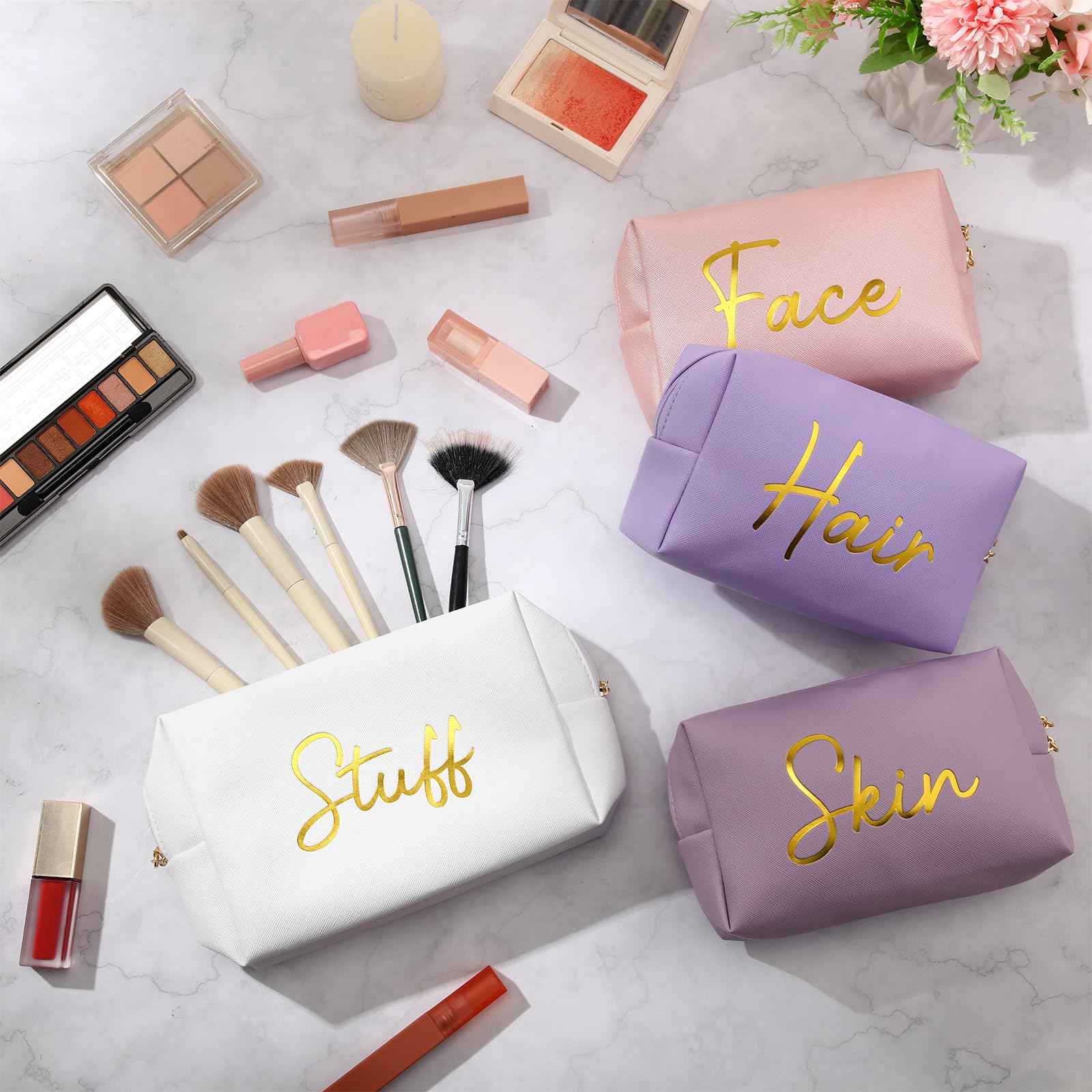 Aliceset 4 Pcs Preppy Makeup Bags Set Cute Travel Cosmetic Pouch Face Skin Hair Stuff Aesthetic Makeup Bags, PU Leather Waterproof Zipper Toiletry Pouch Gifts for Women Girl(Pink Purple)