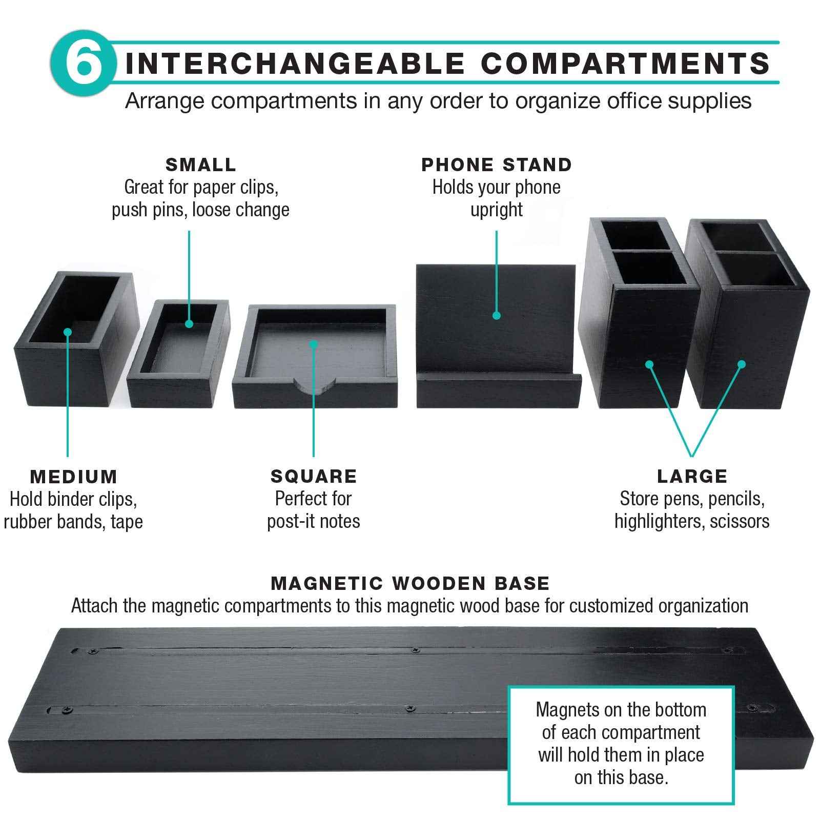 Excello Global Products Magnetic Desk Organizer | 6 Removable Compartments for Pens, Pencils, Post-Its, Paperclips, Cell Phone and Office Supplies (Black)