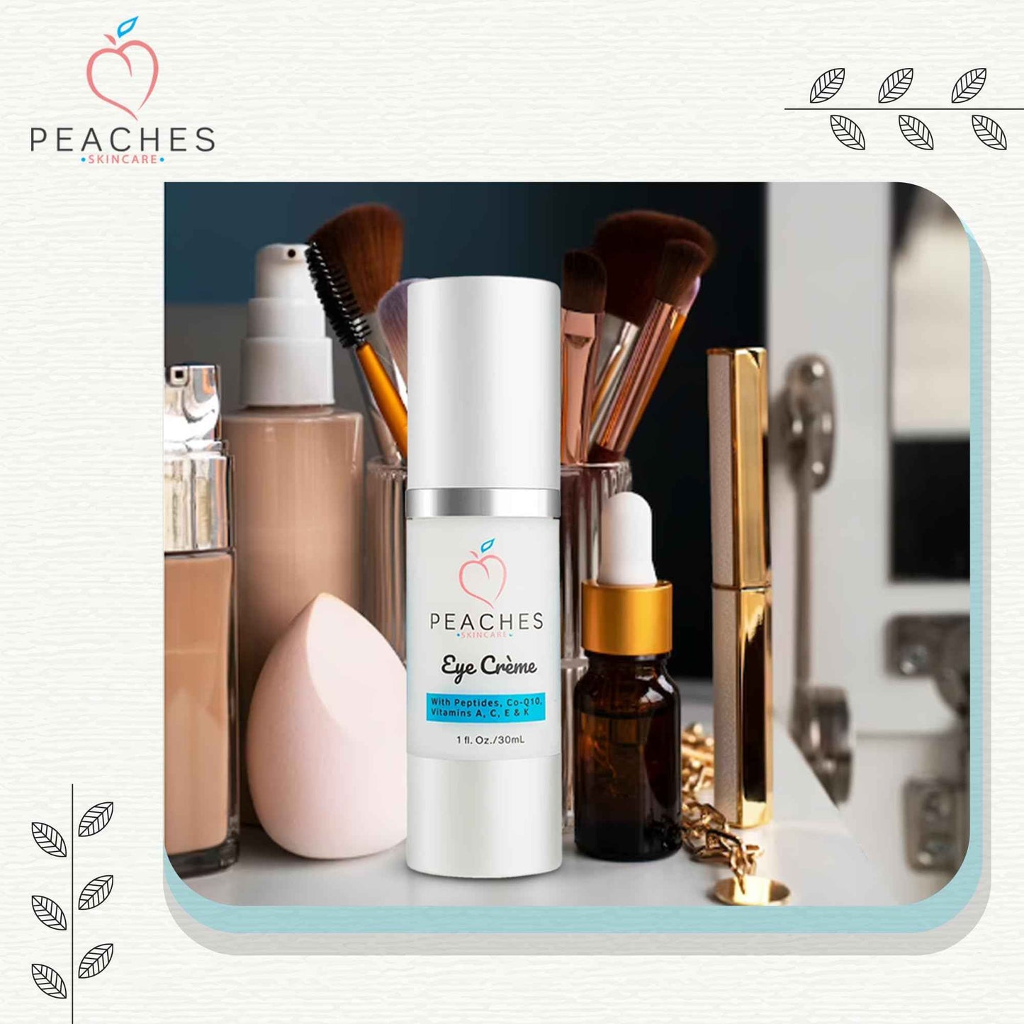 Peaches Skin Care Under Eye Cream – Targets Puffiness, Dark Circles, and Bags – Vegan Formula with Peptides, Co-Q10, Squalene, Vitamins, and Reishi – Eye Crème (1 oz)
