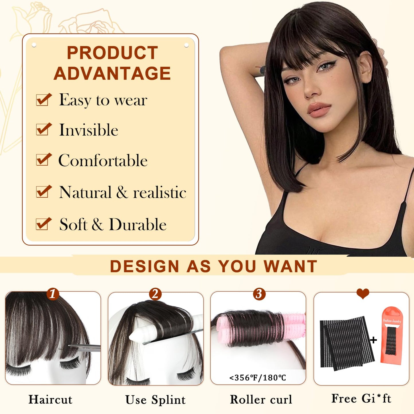 Wodelanle Bangs Hair Clip in Bangs, Fake Bangs Natrual Clip in Hair Extensions, Easy to Use Faux Bangs Clip on Bangs, French Bangs Fringe with Temples Hairpieces Curved Bangs for Daily Wear