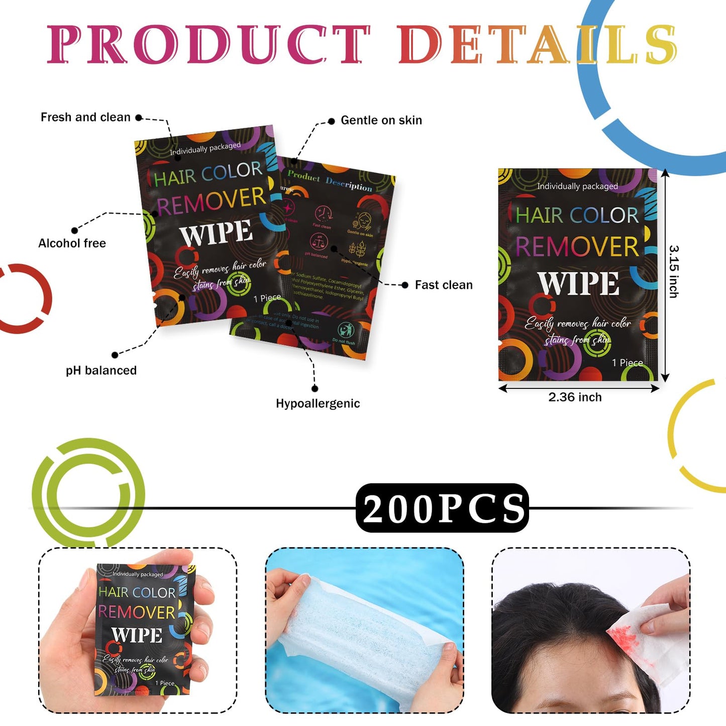 Tondiamo 200 Pcs Individually Wrapped Hair Color Remover Wipes Single Use Gentle Hair Dye Remover, Non Irritating Towelettes for Easily Remove Hair Color Stains from Skin