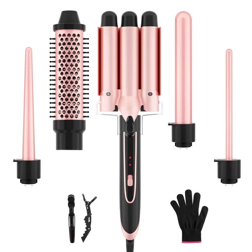 5 in 1 Curling Iron Set with 3 Barrel Curling Iron and 4 Interchangeable Ceramic Fast Heat, Wand Hair Crimper, Dual Voltage Hair Waver with Protective Glove & 2 Clips (Curling（0.3“-1.5”）)