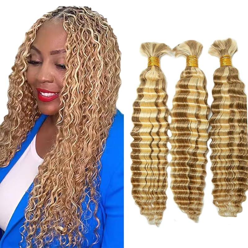 FuivJuix P27/613 Blonde Human Hair Braiding Extensions - 3 Bundles, 14-28 Inch Deep Wave