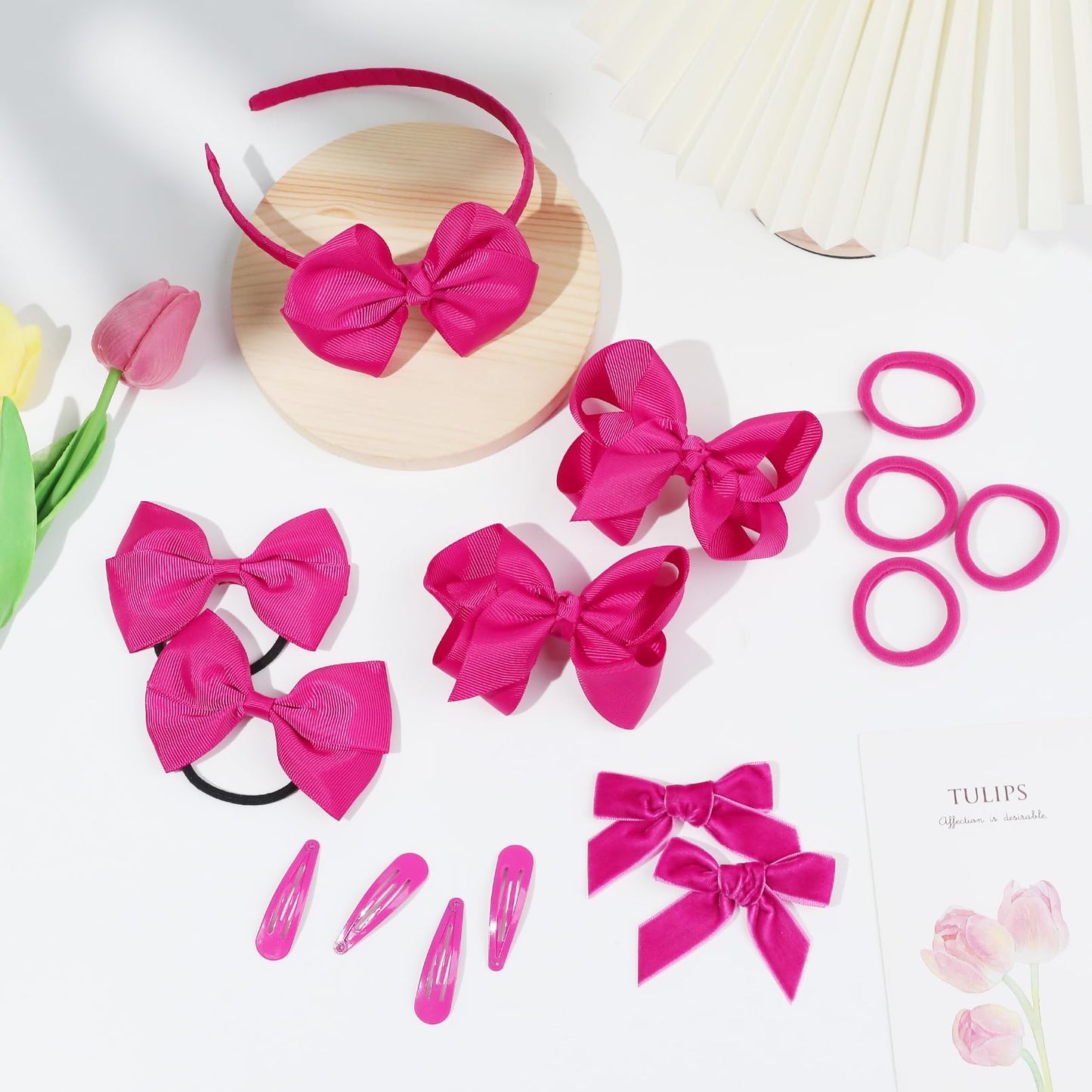 DEEKA Rose Hair Accessories Set - 15 Pieces Uniform Hair Bows, Hair Clips, Headband, Hair Ties for Little Girls - Back to School, Shocking Pink, Grosgrain Ribbon