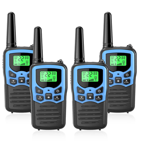 Walkie Talkies with 22 FRS Channels, MOICO Walkie Talkies for Adults with LED Flashlight VOX Scan LCD Display, Long Range Family Radios for Hiking Camping Trip (Blue, 4 Pack)
