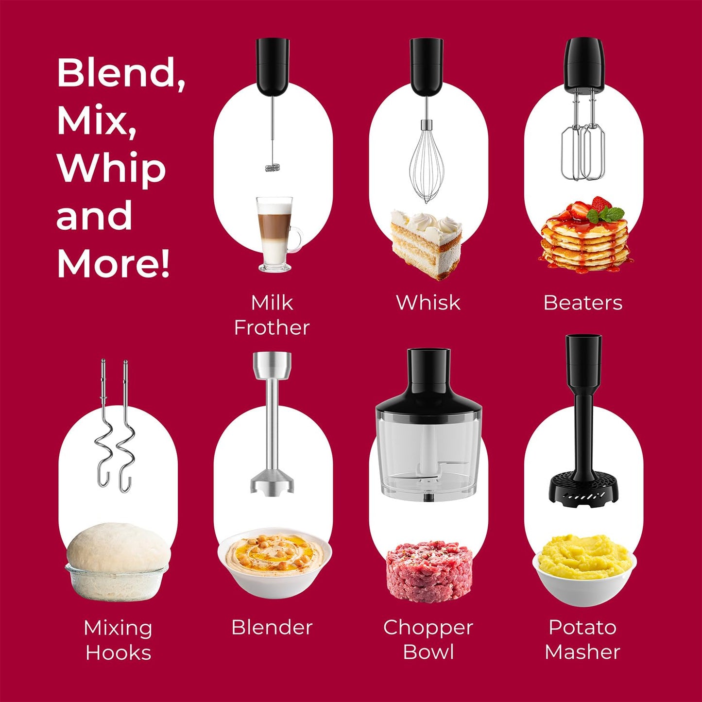 Immersion Hand Blender Full Kitchen Set - 8 Speed Immersion Blender, Hand Mixer with 7 Attachments: Stainless Steel Blade, Whisk, Milk Frother, Beater, Mixing Hooks, Potato Masher, Chopper Bowl