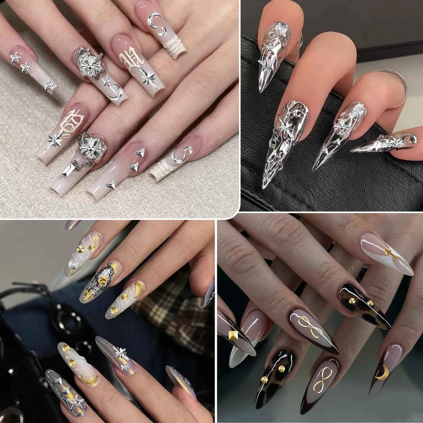 Madenia 600PCS 3D Nail Charms - Gold Silver Star Moon Shell Nail Gems DIY Crafts, Y2K Punk Metal Alloy Rivet Nail Studs for Nail Art Decorations Accessories