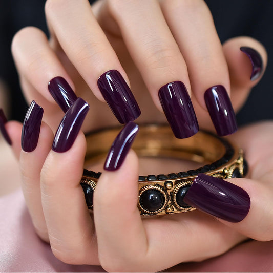 Glossy Finished Dark Grapes Purple Press On False Nails Medium Length Squoval Women Girls Nail Art Tips Salon DIY Manicure Reusable Acrylic Pretty Solid Color Gel Fake Nails for Daily Office Home