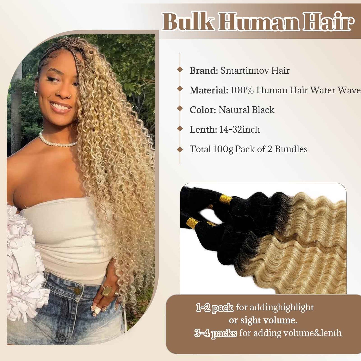 Human Braiding Hair for Boho Braids Ombre Blonde 100g 16 Inch Deep Curly Wave Natural Black Color for Boho Braids Remy Hair No Weft Boho Human Braiding Hair with Dark Roots Curly 2 Bundles/Pack