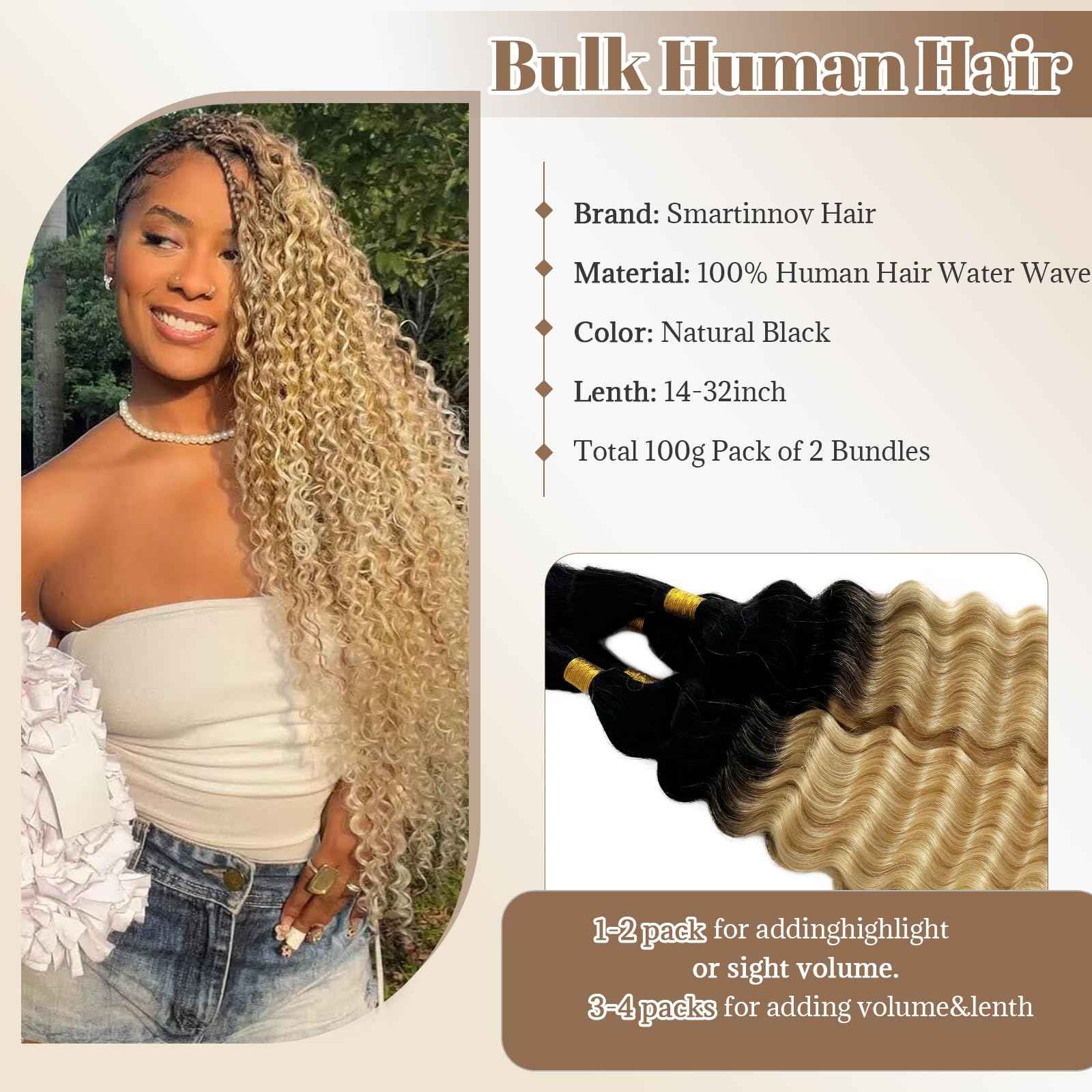 Human Braiding Hair for Boho Braids Ombre Blonde 100g 16 Inch Deep Curly Wave Natural Black Color for Boho Braids Remy Hair No Weft Boho Human Braiding Hair with Dark Roots Curly 2 Bundles/Pack