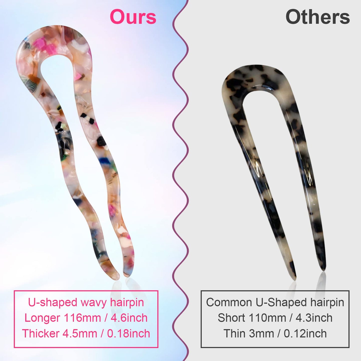 OIIKI 3pcs French U Shaped Hair Forks Pins Sticks for Buns Thick Long Hair, 4.5inch Large Wavy French Hair Pins, Tortoise Shell 2 Prong U-shape Hairpins Hair Accessories for Women Girls