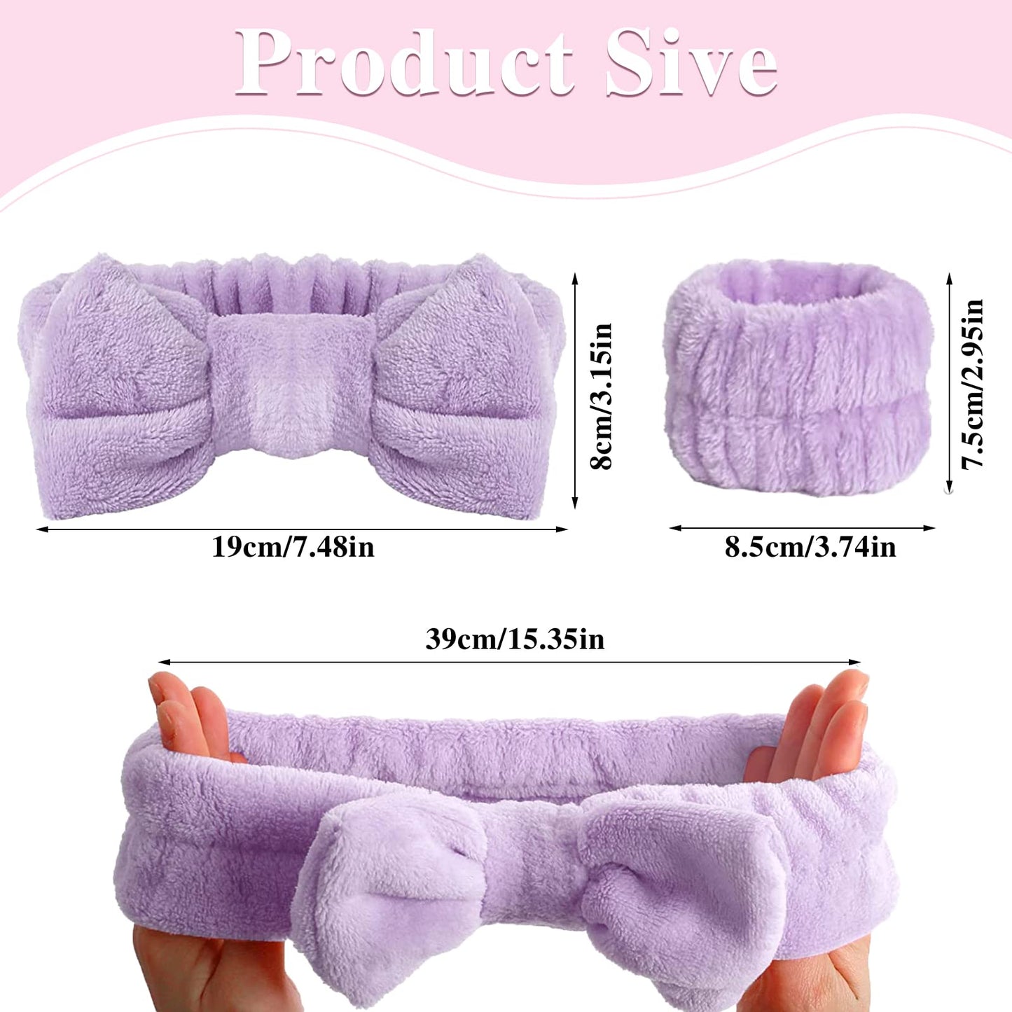 BLAAROOM 3PCS Bow Face Wash Headband and Wristband Set,Soft & Absorbent Spa Headband for Women Makeup Skincare Washing Face - Purple