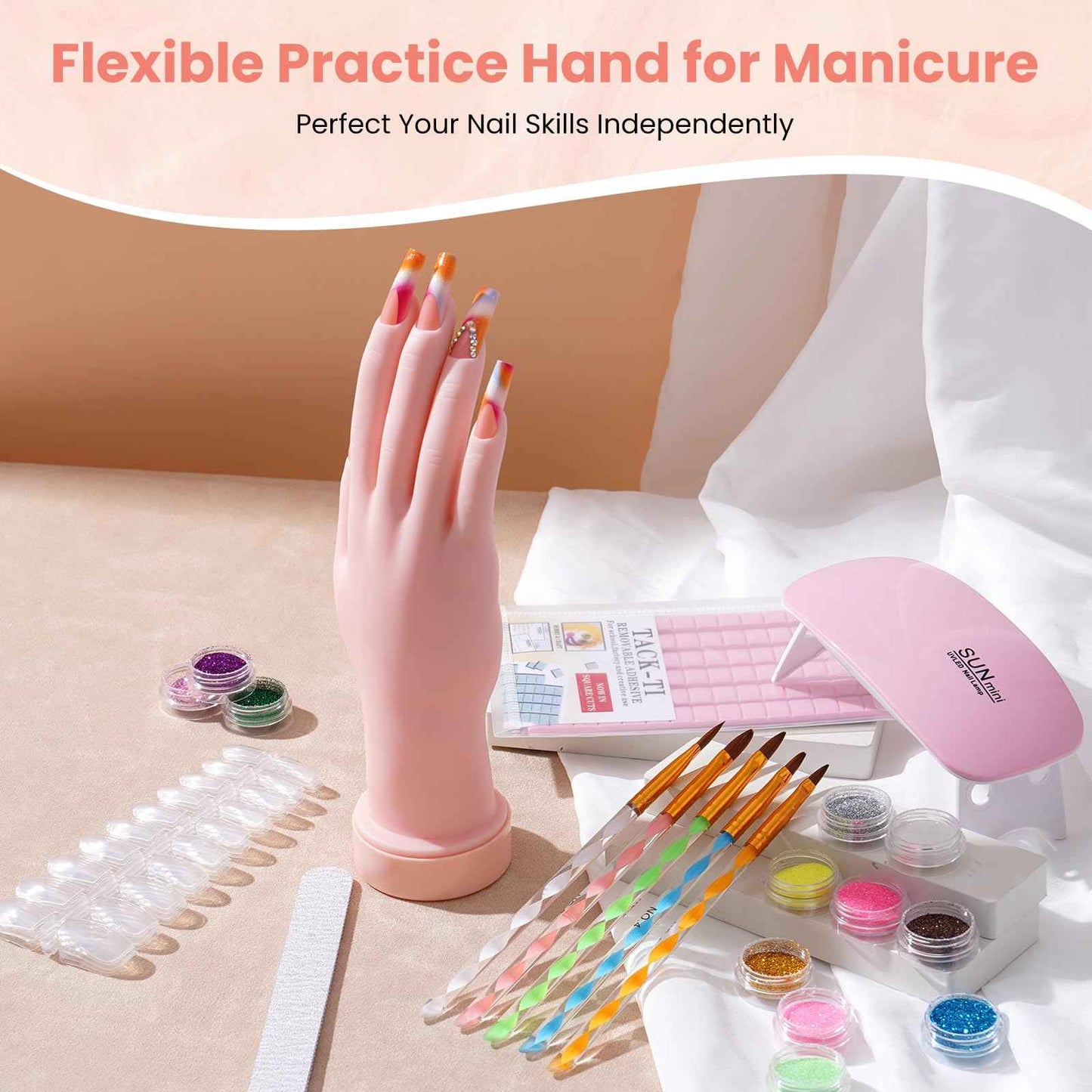 Nail Kit for Beginners with Everything: Practice Hand Acrylic Nail Set Professional Powder Drill Liquid Starter Kits with U V Lamp in Cosmetic Gift Bag for Women Salon Home (Pink)