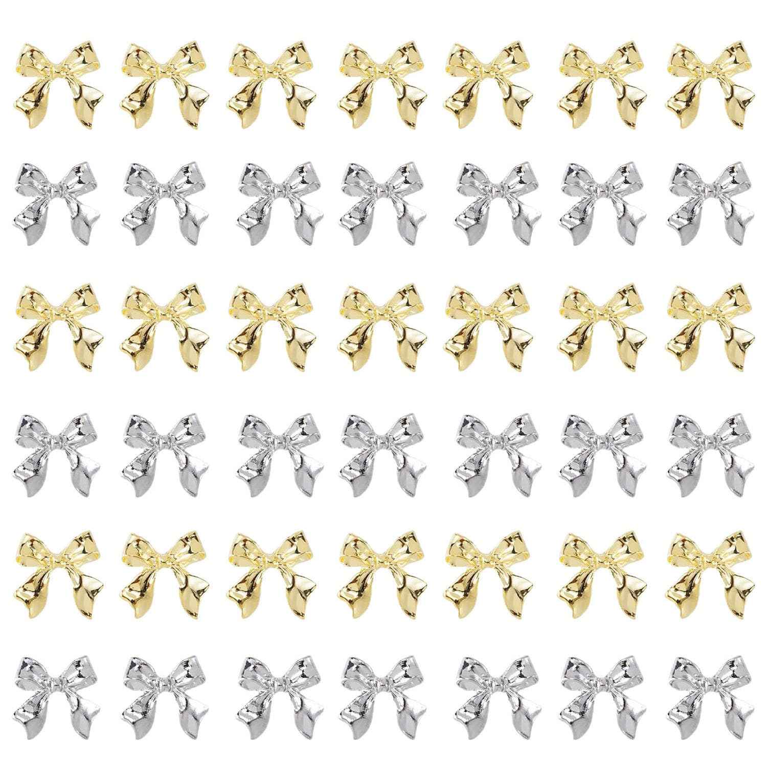 KACHIMOO 40pcs Bow Nail Charms - Gold & Silver Bowknots 3D Alloy Nail Art Bows