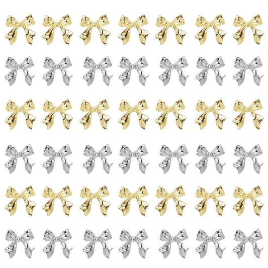 KACHIMOO 40pcs Bow Nail Charms - Gold & Silver Bowknots 3D Alloy Nail Art Bows