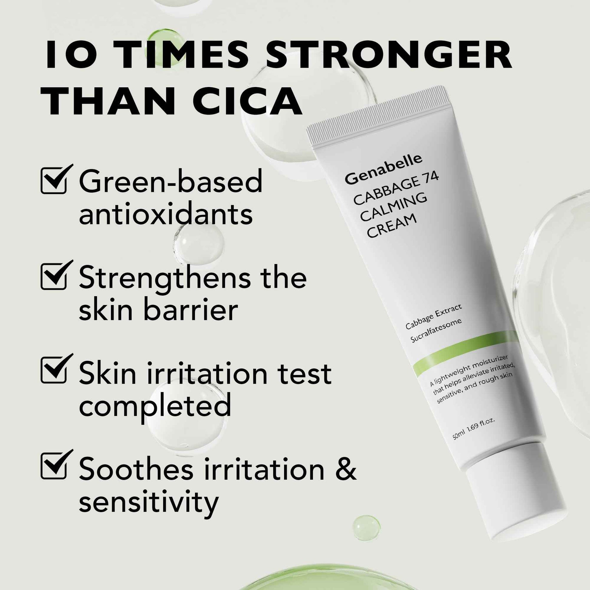 Genabelle Cabbage 74 Calming Cream - Lightweight Watery-Type Moisturizer with CICA, Sucralfate, Hyaluronic Acid, Helps Instantly Calm, & Hydrate the Skin 1.69 fl. oz.