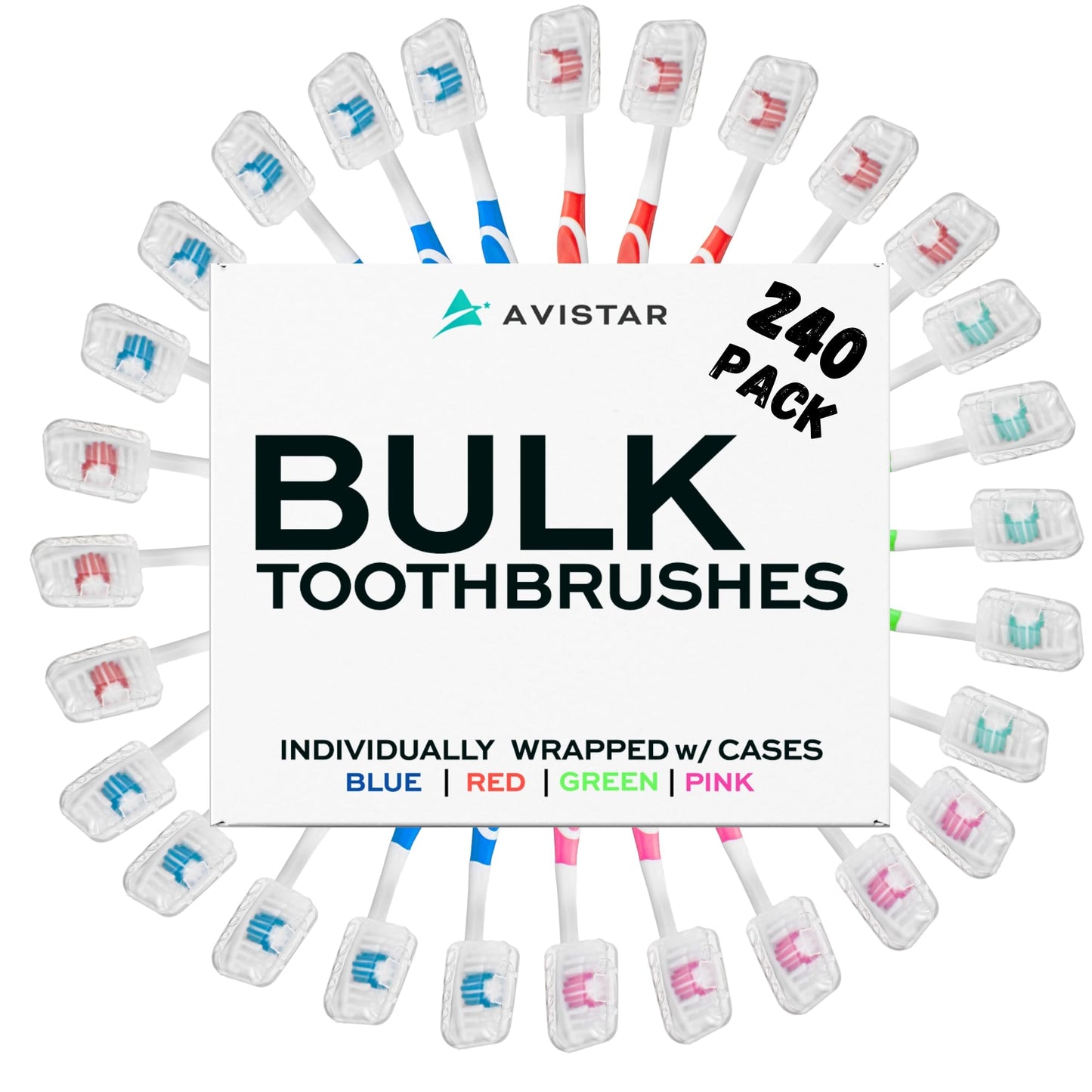 240 Pack Bulk Toothbrushes w/Cover Caps, Individually Wrapped Disposable Travel Toothbrush, Value Size, Long Lasting 3+ Months, Med-Soft Manual Teeth Brush Bristles, 4 Colors (Red Green Blue Pink)