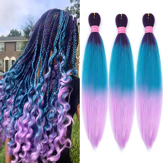 AFNOTE Pre Stretched Braiding Hair Extensions for Braids 26 Inch 3 Packs Ombre Purple Braiding Hair Pre Stretched Synthetic High Temperature Braid Hair Extension-Dark Purple/Lake Blue/Light Purple