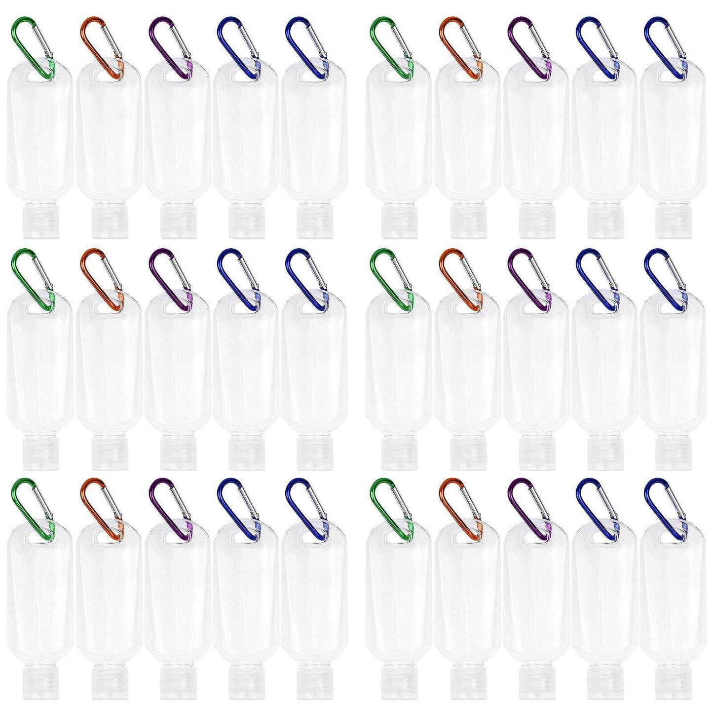 CENNSIOQP 30 Portable Empty Plastic Bottles with Lids and Hooks 50 ml PVC Travel Size Refillable Containers for Hand Sanitizer Lotion Shampoo