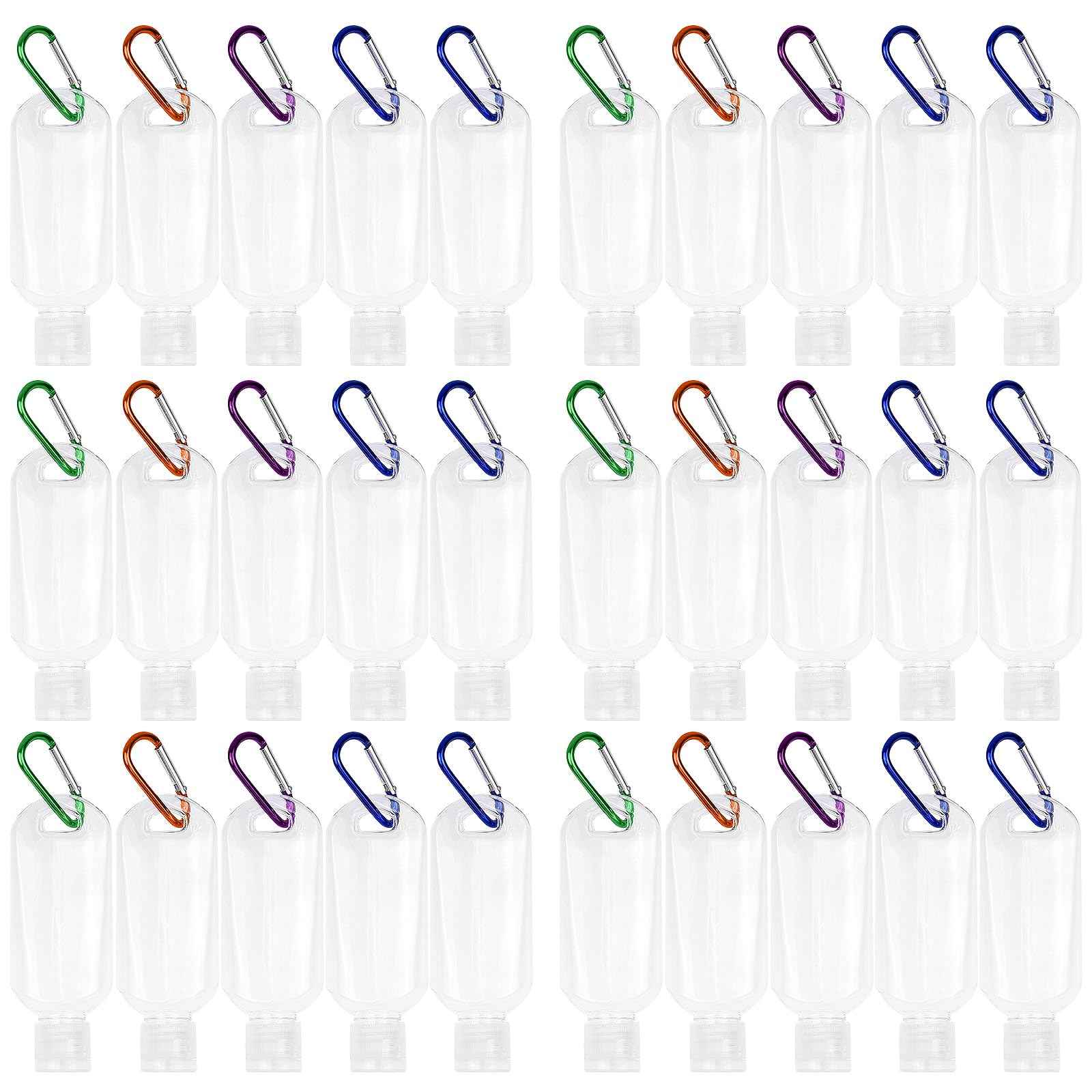 CENNSIOQP 30 Portable Empty Plastic Bottles with Lids and Hooks 50 ml PVC Travel Size Refillable Containers for Hand Sanitizer Lotion Shampoo