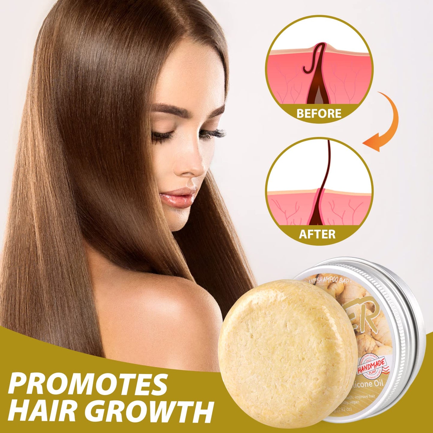 Zoreni 3 Pcs Ginger Hair Regrowth Shampoo Bar, Anti Hair Loss Ginger Shampoo Soap, Natural Organic Ginger Shampoo Bar Promotes Hair Growth, Anti-dandruff and Anti-itching Ginger Bar Soap