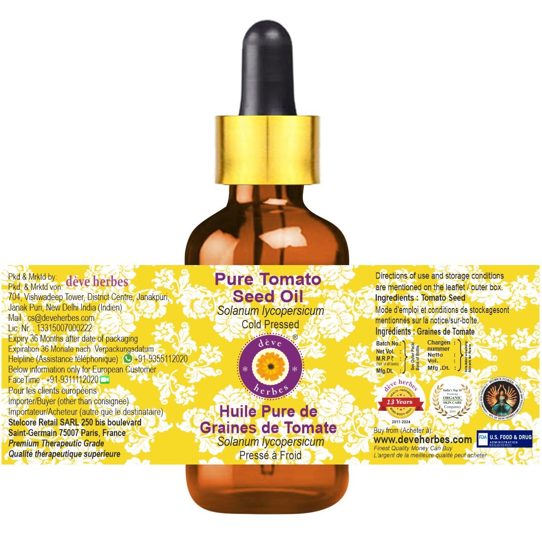 Deve Herbes Pure Tomato Seed Oil (Solanum lycopersicum) with Glass Dropper Cold Pressed 5ml (0.16 oz)