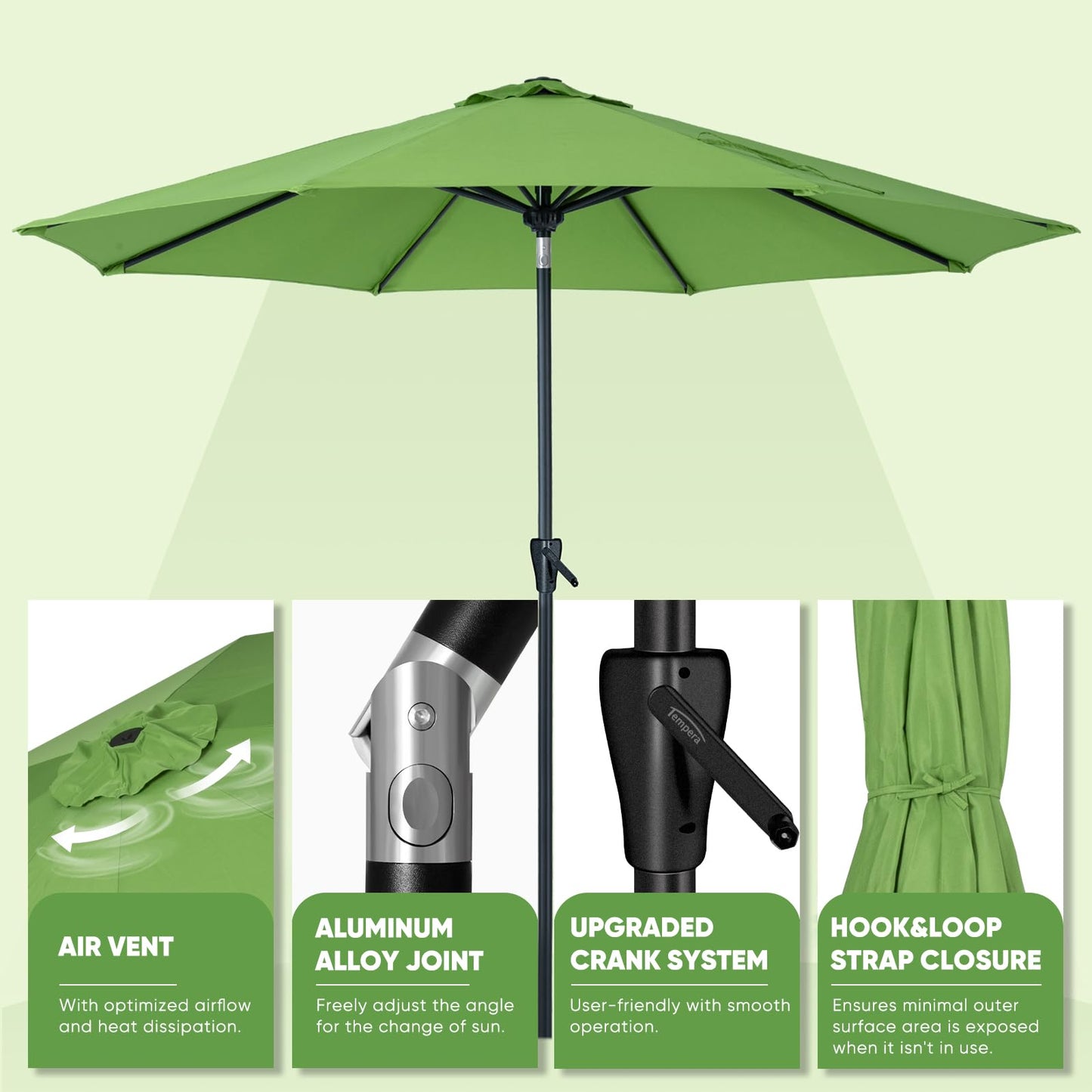 Tempera 9ft Patio Market Outdoor Table Umbrella with Push Button Tilt and Crank,Large Sun Umbrella with Sturdy Pole&Fade resistant canopy,Easy to set, Green