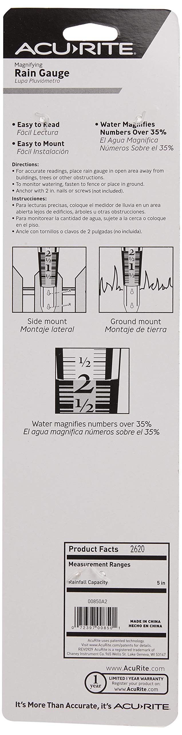 AcuRite 5" Capacity Easy-to-Read Magnifying Acrylic, Blue (00850A3) Rain Gauge