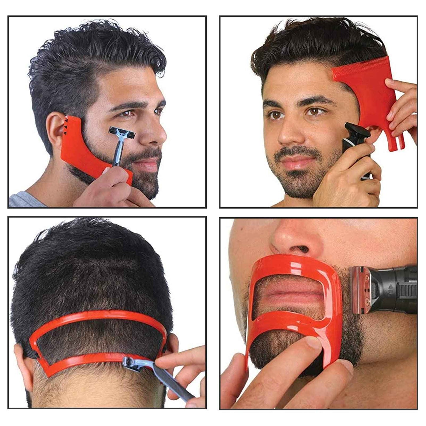 Deosdum 4 Pcs Haircut Tool Kit Hairline,Beard Shaping Tool,Beard Styling Cutting Hairline Grooming Red Plastic Beard Template Set